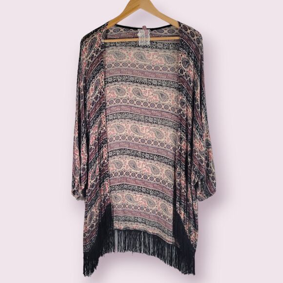 MAUVE Paisley Open Front Kimono Cardigan Size L Fringe Dolman Sleeve Soft Stripe - Picture 1 of 7